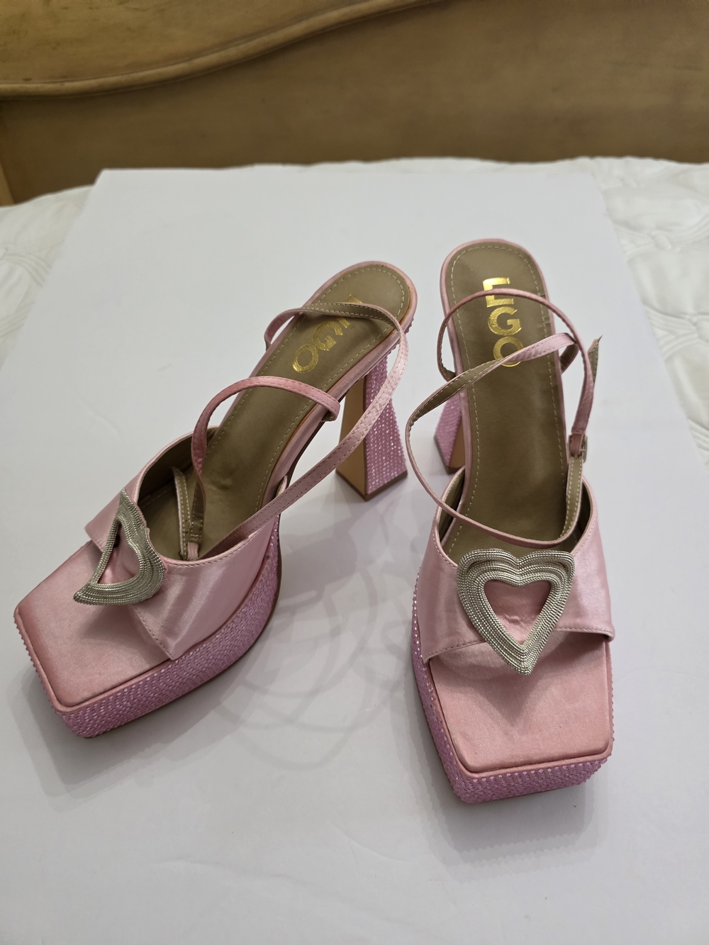 EGO Pink Satin Heart-Accent Block Heel Sandals